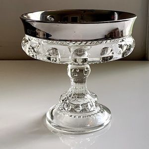 7” Indiana Glass Kings Crown Thumbprint Pedestal Wedding Bowl w/ Platinum Band